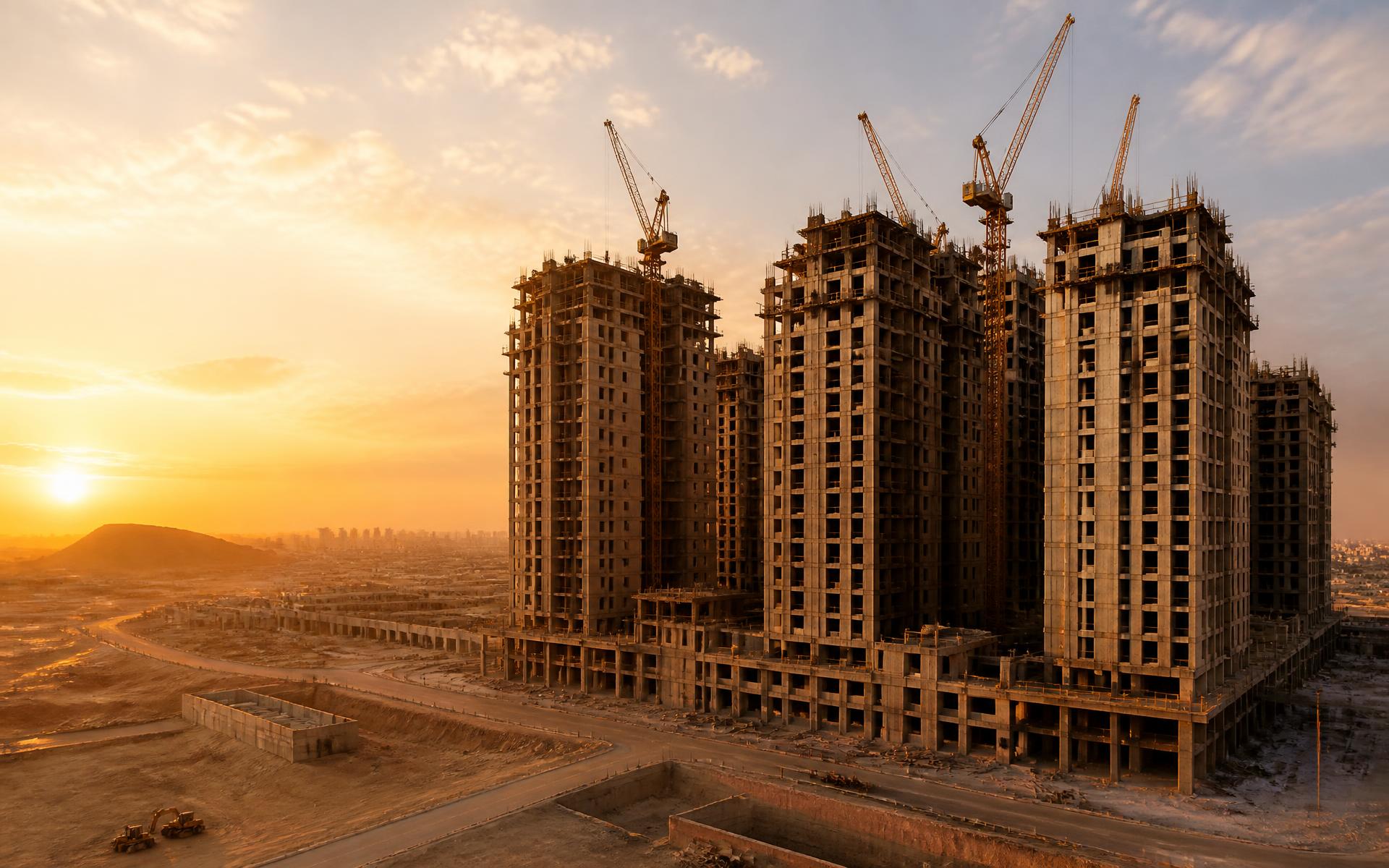 مشروع إنشائي لشركة سارية عند غروب الشمس